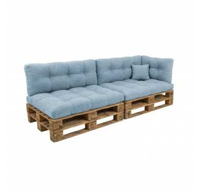 6er Set Palettenkissen - 2x Sitzkissen + 2x Rückenkissen + Seitenkissen + Dekokissen, Gesteppt, Blau