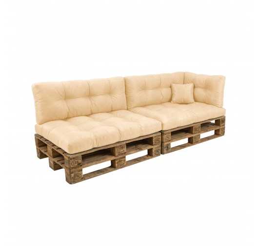 6er Set Palettenkissen - 2x Sitzkissen + 2x Rückenkissen + Seitenkissen + Dekokissen, Wasserabweisend, Gesteppt, Beige