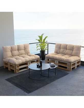 2er Set Palettenkissen - Sitzkissen 120x80 + Rückenkissen 120x40, Wasserabweisend, Gesteppt, Beige