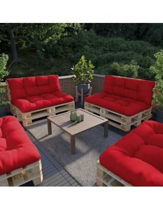 2er Set Palettenkissen - Sitzkissen 120x80 + Rückenkissen 120x40, Wasserabweisend, Gesteppt, Rot