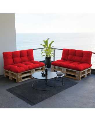 2er Set Palettenkissen - Sitzkissen 120x80 + Rückenkissen 120x40, Wasserabweisend, Gesteppt, Rot