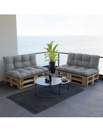 2er Set Palettenkissen - Sitzkissen 120x80 + Rückenkissen 120x40, Wasserabweisend, Gesteppt, Grau